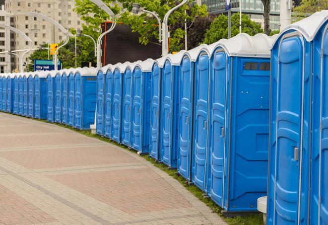 portable restrooms lined up at a marathon, ensuring runners can take a much-needed bathroom break in Baldwin, FL